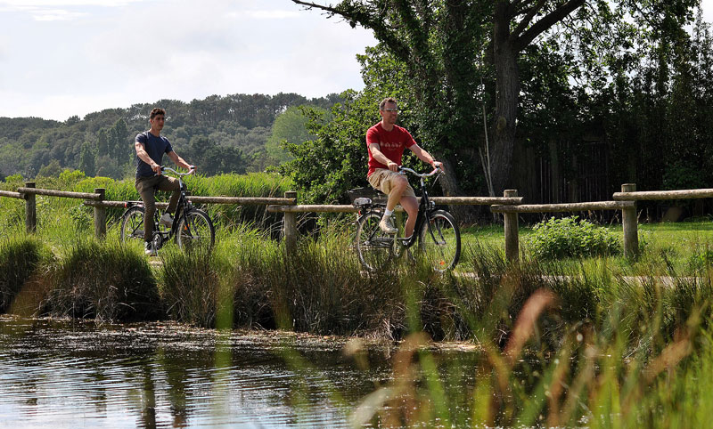 Deux hommes traversent une campagne verdoyante à vélo le long d'un ruisseau près des d'Olonne, Pays de la Loire