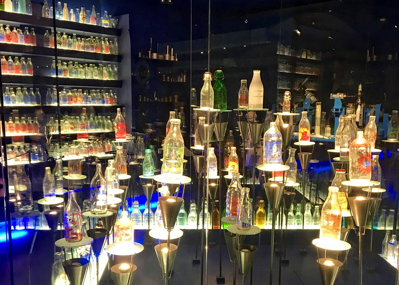 A few of the milk bottles on display at Lactopole Museum in Laval, Mayenne