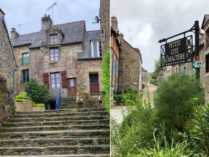 Vue sur la rue Léhon près de Dinan en Bretagne, maisons anciennes et beaucoup de fleurs