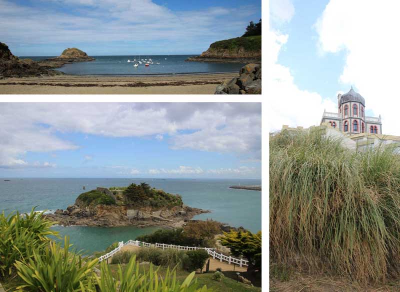 Scènes côtières près de Paimpol en Bretagne, bateaux dans des baies calmes, plantes poussant au sommet des falaises