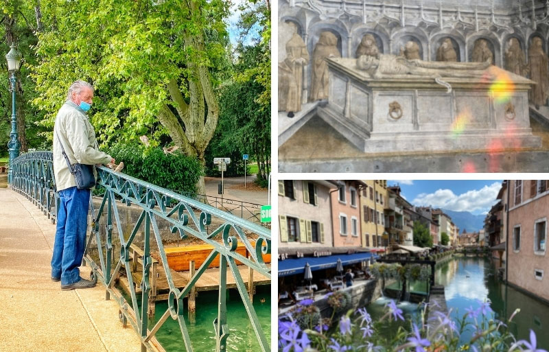 Annecy est parfaite pour flâner Un homme se tient debout sur un pont au-dessus du canal d'Annecy et nourrit les oiseaux