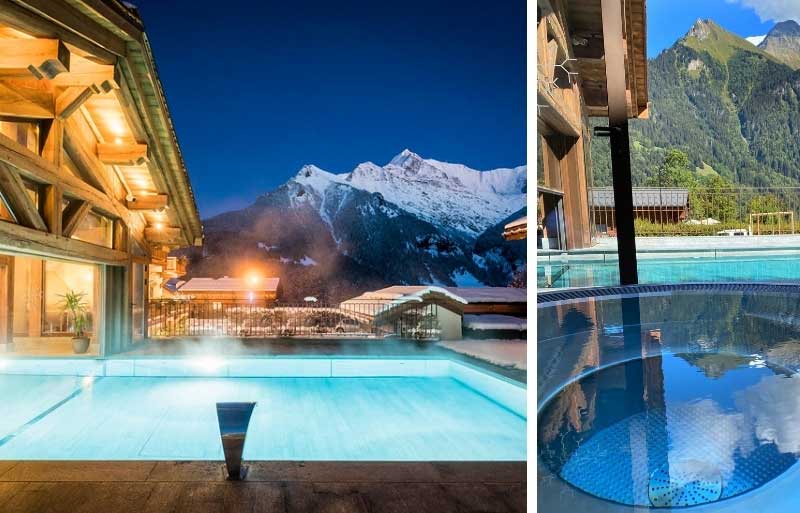 La fabuleuse piscine de l'hôtel l'Armanecette avec vue sur les montagnes Piscine de l'hôtel avec vue sur les montagnes enneigées