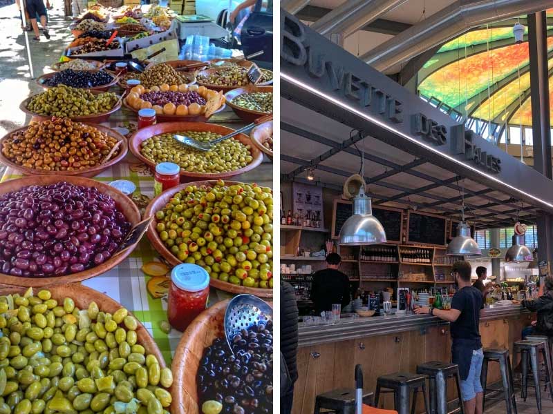 Bols d'olives de différentes couleurs au marché de Montpellier