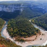 Aerial view of the Ardeche Gorges, southern France, monumental cliffs and winding waterways