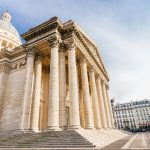 Monumental Pantheon building, colonnaded facade, topped by a giant dome