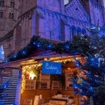 Town square of the Guebwiller flooded with blue lights for Christmas