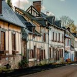 Half timbered houses in a street in Lyons-la-Foret, Normandy