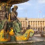Beautiful fountain in a grand square in front of the Hotel de La Marine, Paris