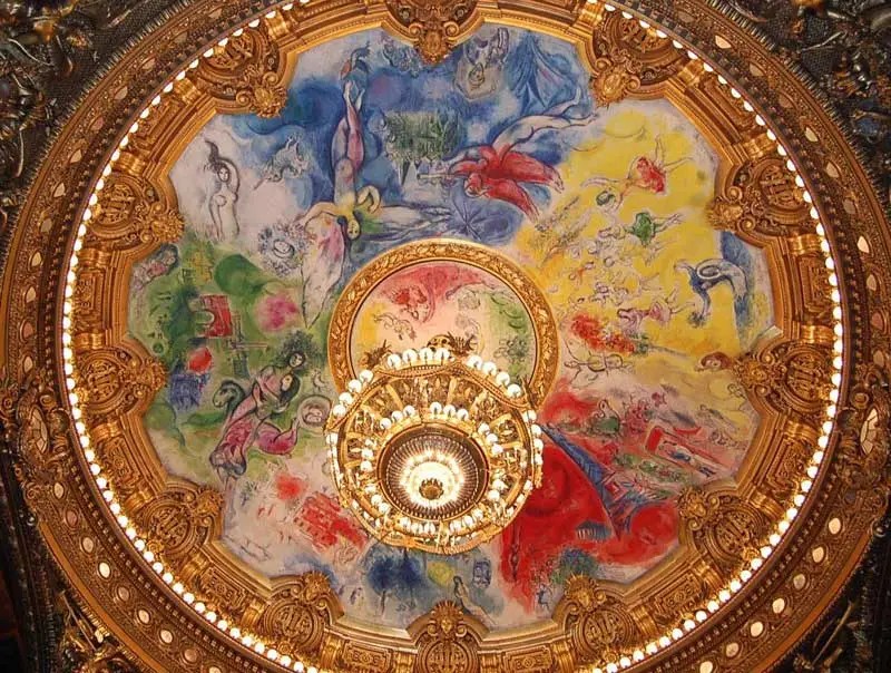 Le plafond peint de Chaagall à l'Opéra Garnier Rosace de plafond peinte par Marc Chagall à l'Opéra de Paris - colorée et esthétique