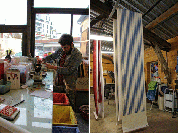 Mixing colour and air drying the rolls of wallpaper