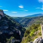 Narrow road running round a steep cliff above a deep gorge at Nesque, Provence