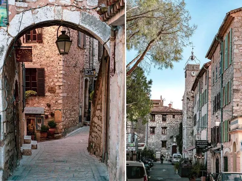 Vues des rues de Tourrettes-sur-Loup, rues pavées, arches en pierre et tours anciennes