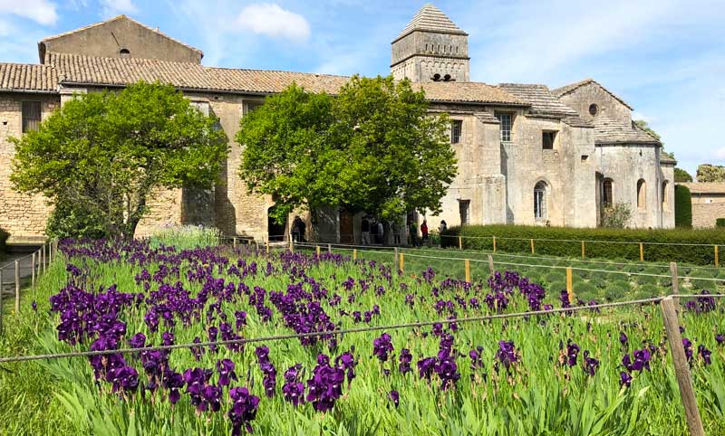 Bâtiment en pierre, St Paul de Mausole, entouré de champs de lavande et d'iris, Provence