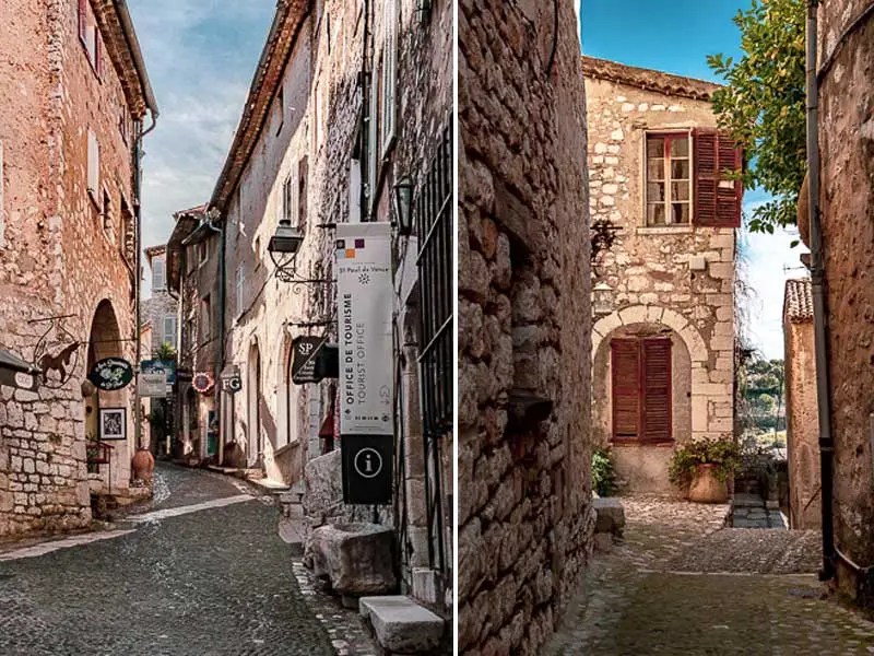 Rues pavées bordées de jolies maisons en pierre et de boutiques à Saint Paul de Vence