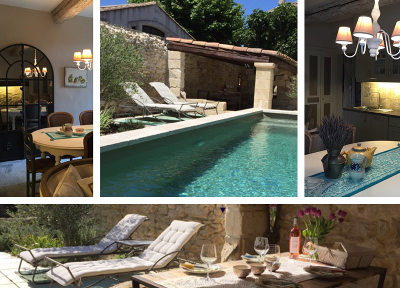 Un mélange de photos montrant une maison de vacances en Provence, une piscine, des chaises longues et un bel intérieur