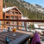 Balcony of apartment overlooking ski slopes of Flaine French alps