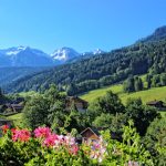 Sun, flowers and verdant mountain views of Le Grand Bornand, Haute Savoie, France