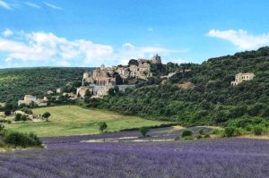 The hill top villafe of Simiane-la-Rotonde Provence, surrounded by lavender fields