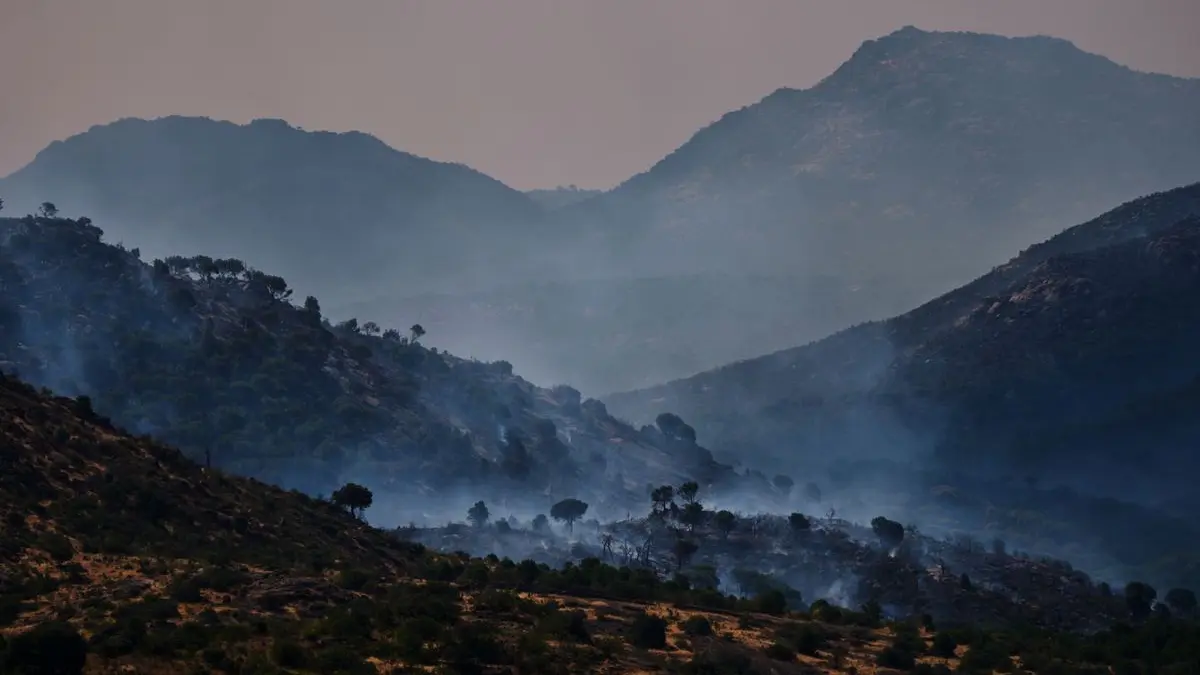 Rauch steigt auf, während sich ein Waldbrand in der Nähe von Hoyo de Pinares in der Provinz Madrid ausbreitet. 
